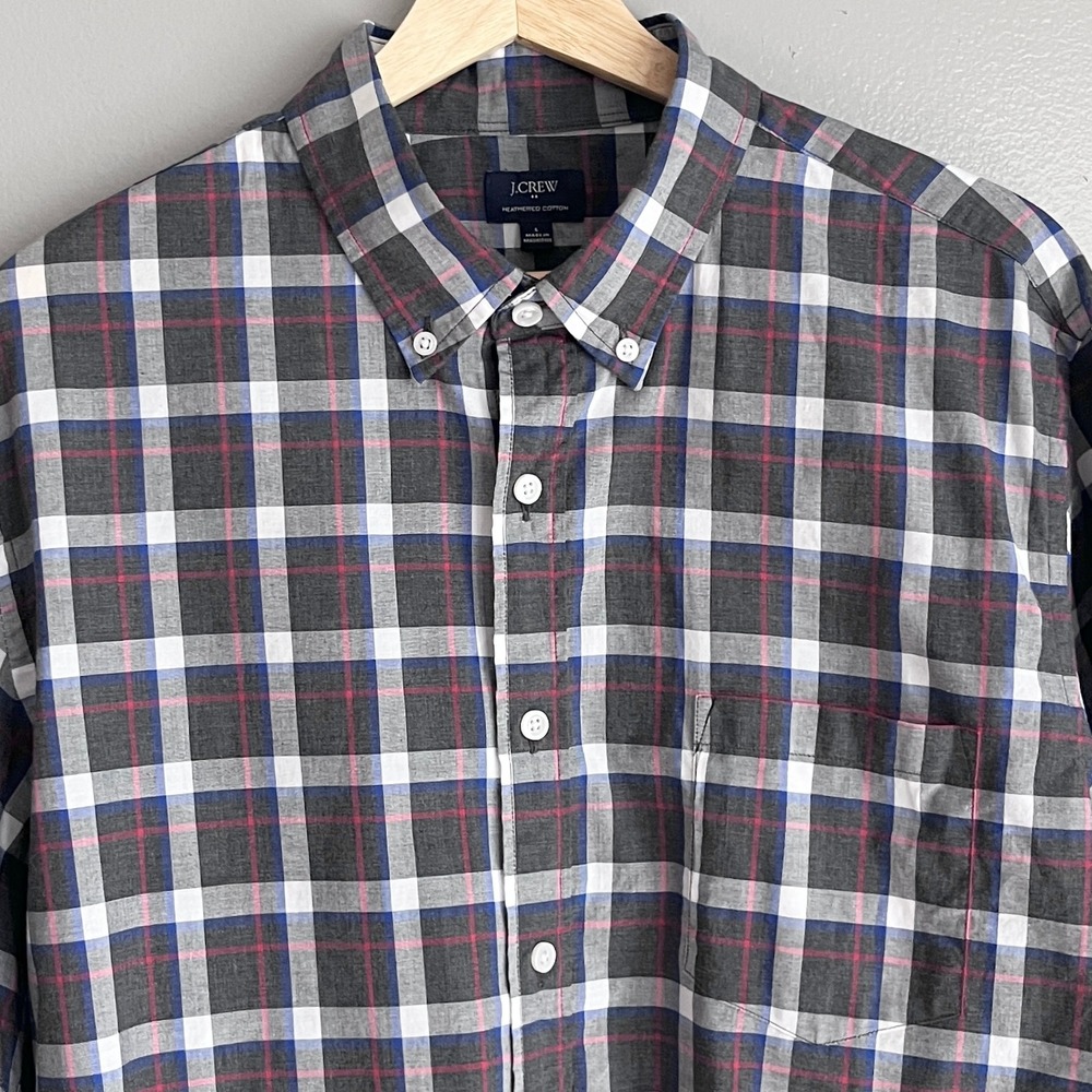 J.Crew Factory Mens Heathered Cotton Plaid Button Down Shirt Gray Lightweight L
